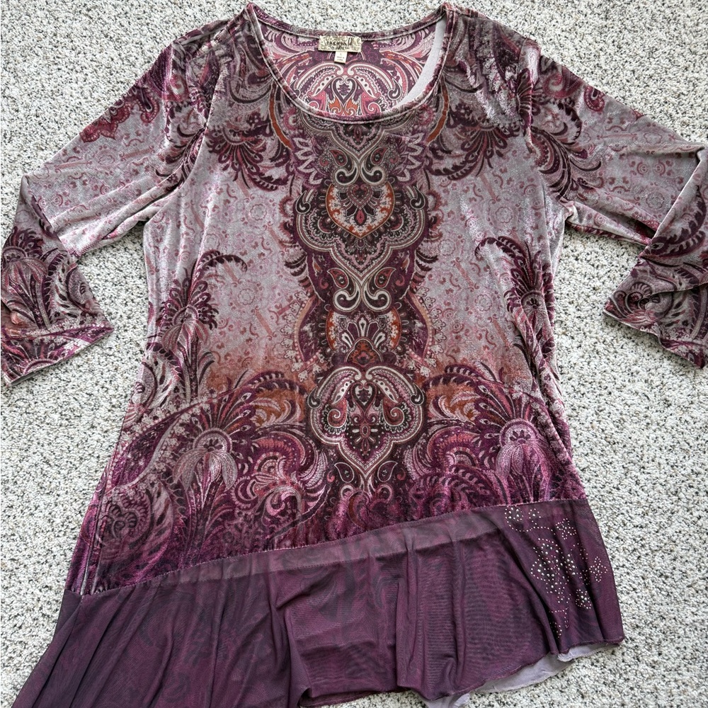 ONE WORLD Purple Paisley Velvet Tunic with Mauve and Dusty Rose Accents